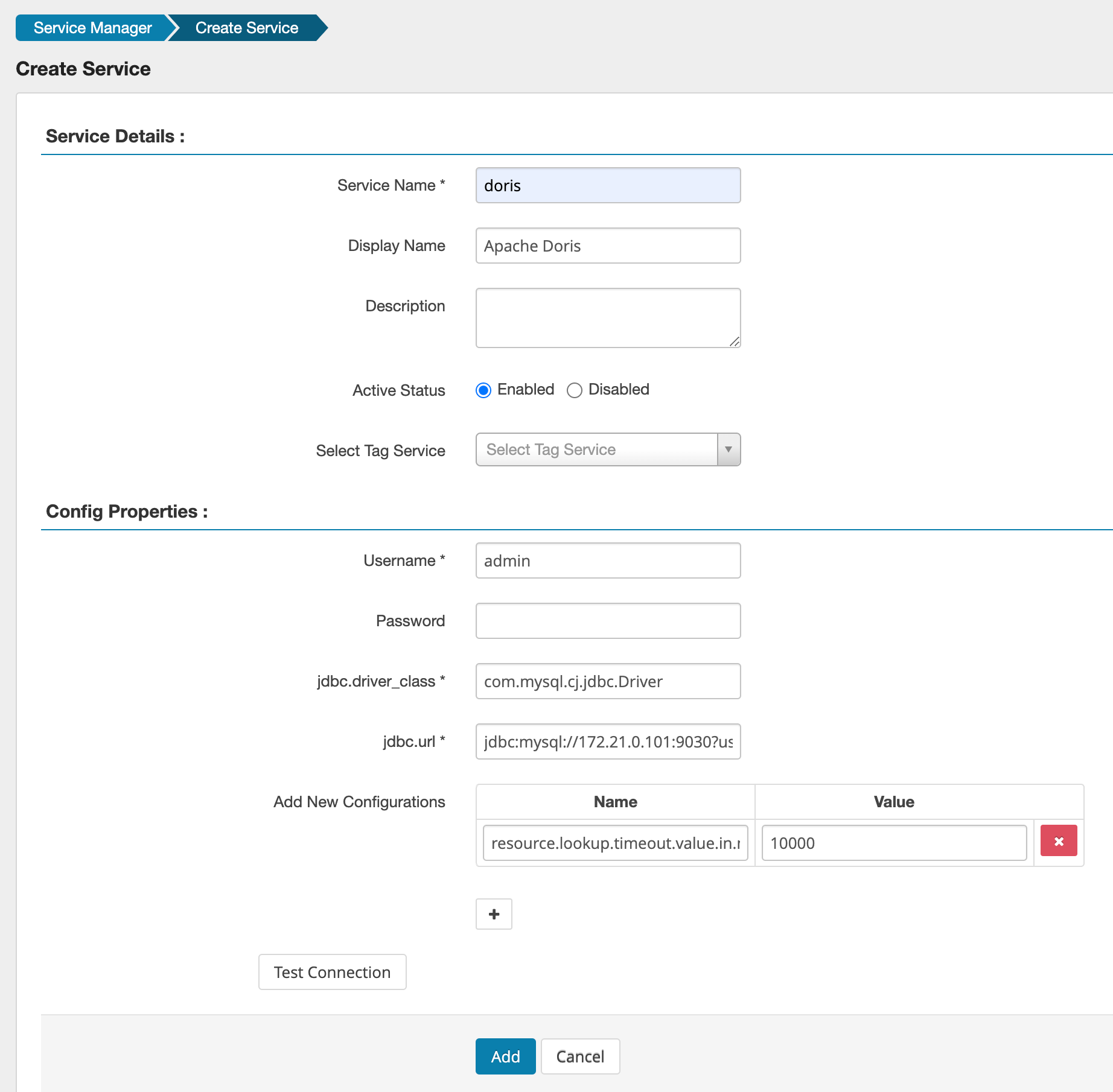 Apache Doris plug-in in the Service Manger interface